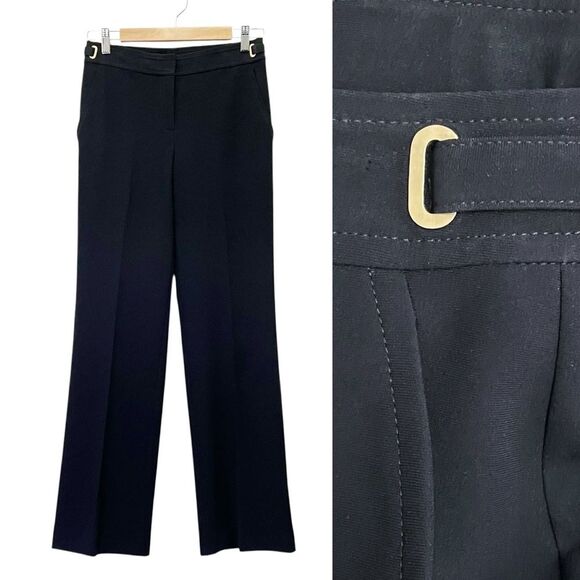 St. John Black Wide Leg Dress Pants Size 2 Nordstrom Gold Buckle Trim USA Made - Picture 1 of 11